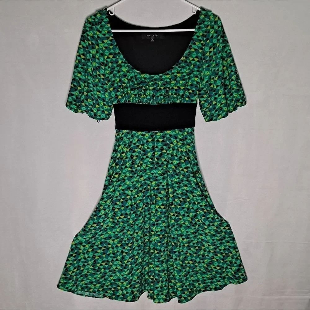 Nine West Peasant Style Midi Dress Green Black 6